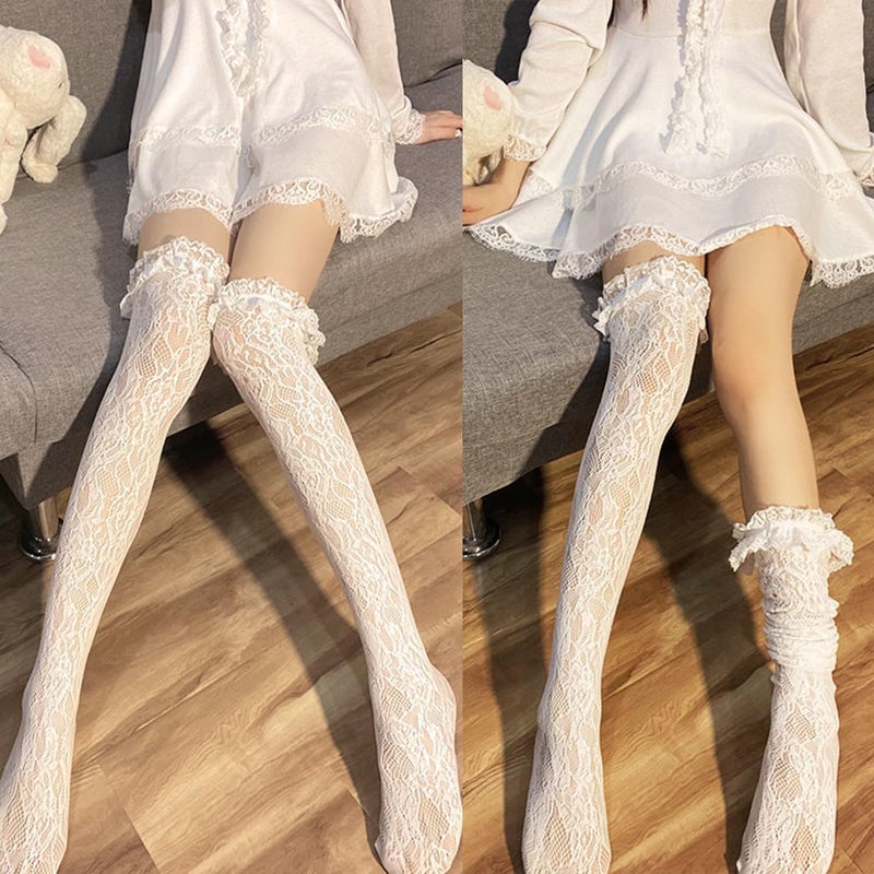 Ninejuize Thigh High Stockings with Bow, Santa Accessory Y2K Fishnet Socks with Lace Brim Lingerie Tights for Women - Image 4
